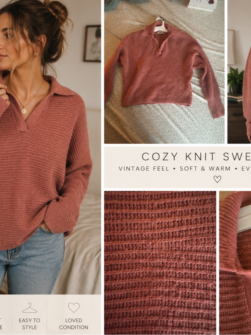Pink Rose Vintage V‑Neck Collared Knit Sweater — Dusty Mauve